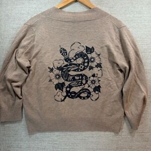 Snake Floral Graphic Cardigan Tan Knit Sweater Celestial Witchy Botanical Mystic